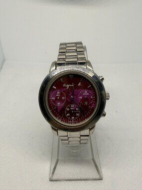 Agnès b. Chronograph Watch Magenta World Map Dial Stainless Steel Band V654-6100